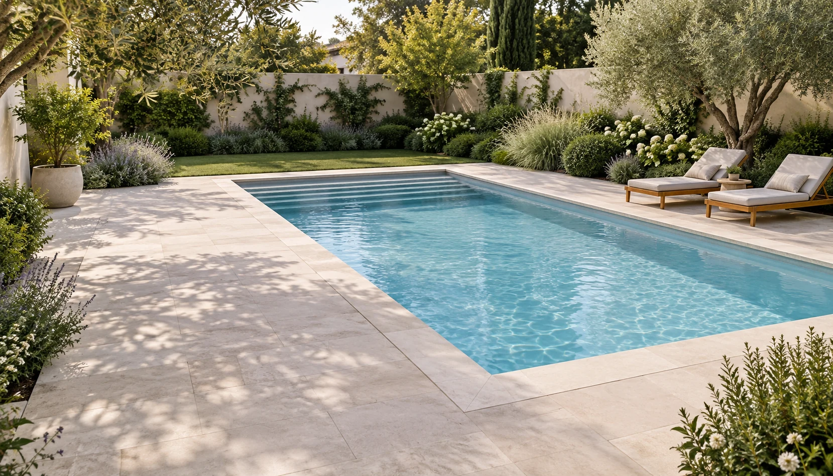 Rectangular pool with a pale stone deck and planting